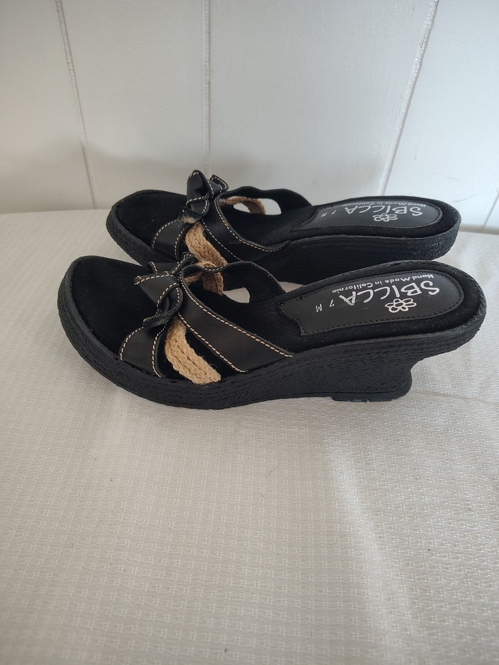 Sbicca Black Wedge Slide Sandals with Natural Accent